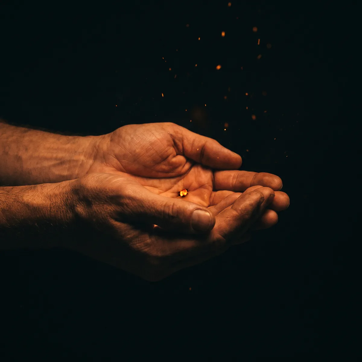 cupped hands sheltering a tiny glowing ember in darkness