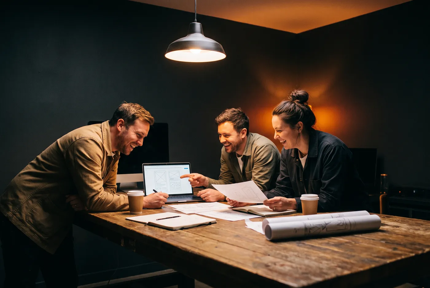 the tinderbox team collaborating around a studio table