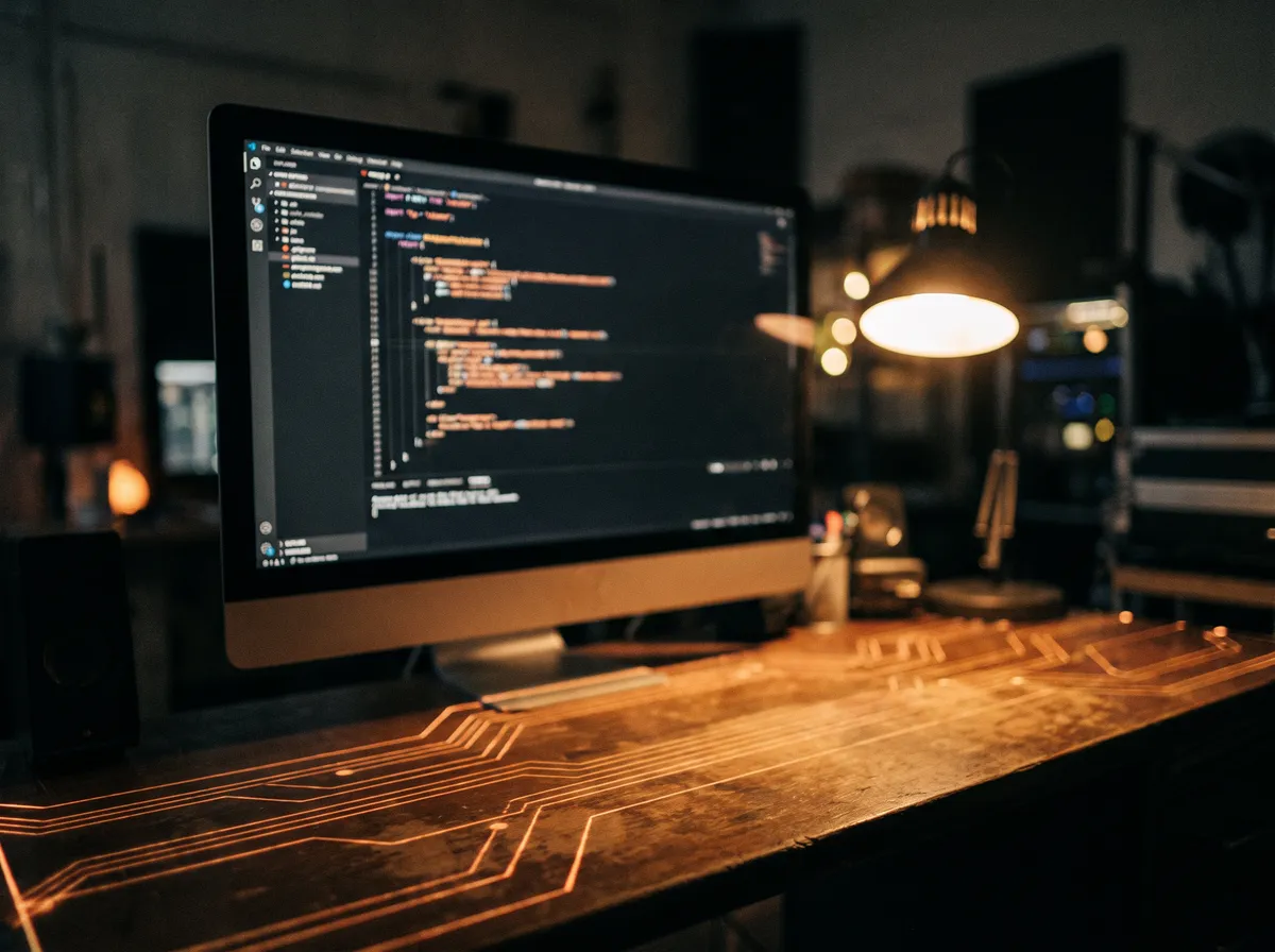 code glowing on a screen in a dark studio